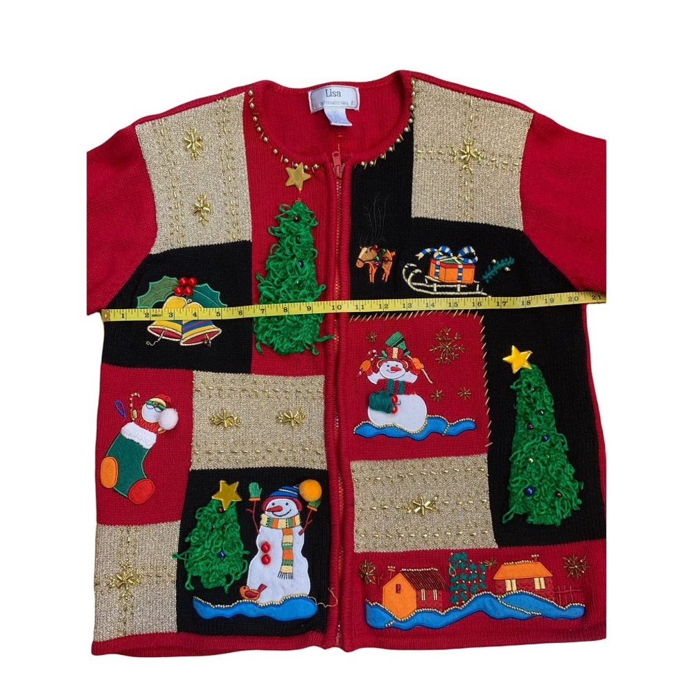 Ugly Christmas Holiday Party Sweater Color Block Snowman Trees Jingles Sz Medium - Picture 7 of 11